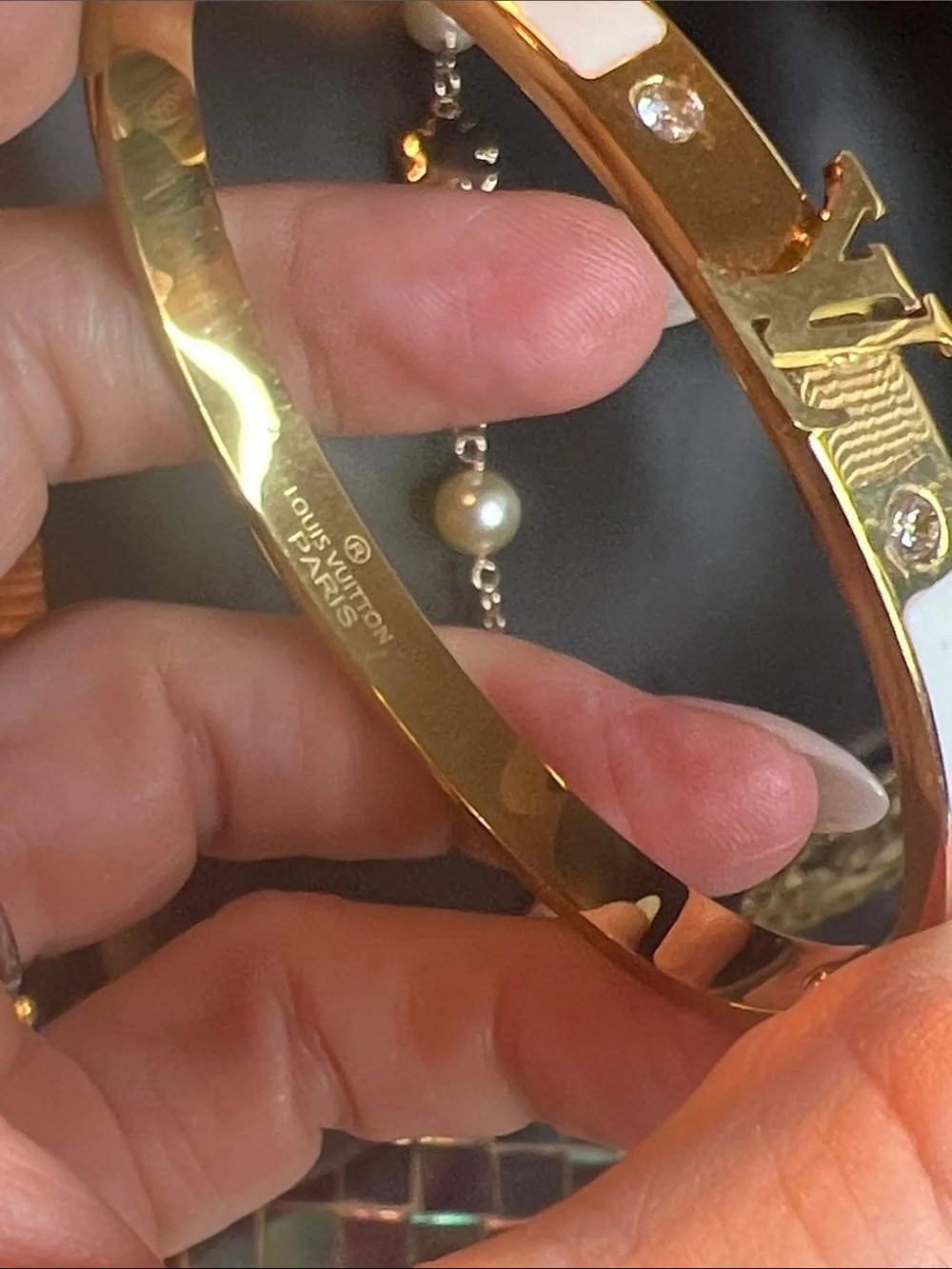 Gold-Tone Stainless Steel Bracelet with White Enamel and Crystal Accents